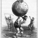 Caricature : "Le pauvre Atlas ne se rendant pas bien compte de ce qui lui entre dans les reins".